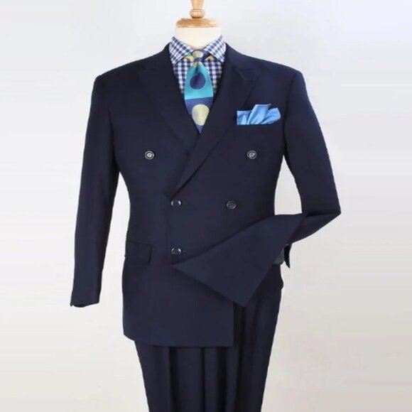 Pleated Suit - Mens Suits With Pleated Pant - Regular Fit Suit - Navy Luxury Woo - Picture 1 of 2